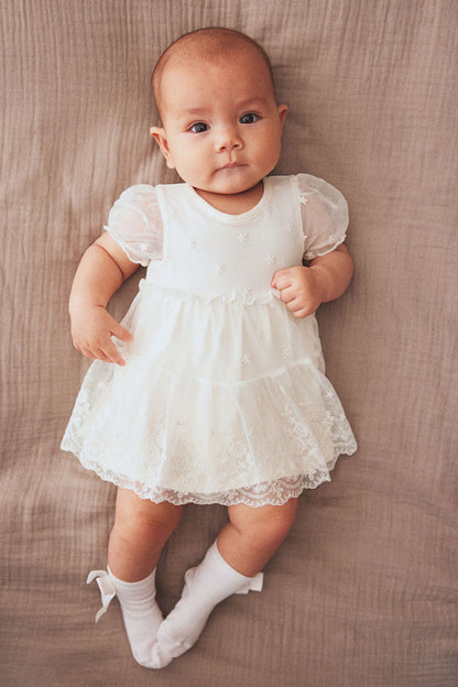 Whimsical Blooms Embroidered Mesh Bodysuit Dress